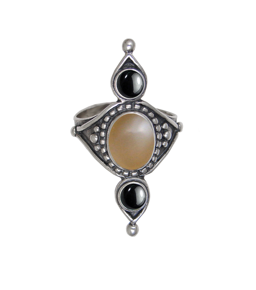 Sterling Silver Royal Ring With Peach Moonstone And Hematite Size 7